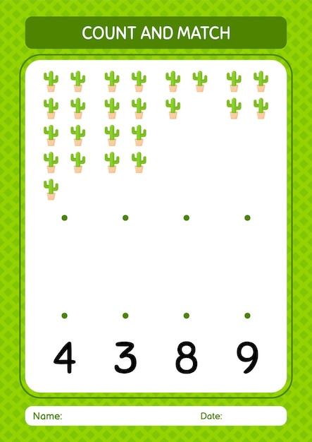 Count and match game with cactus worksheet for preschool kids kids activity sheet