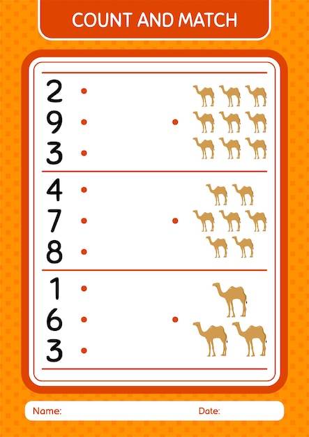 Count and match game with camel worksheet for preschool kids kids activity sheet