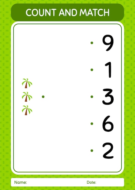 Count and match game with coconut tree worksheet for preschool kids kids activity sheet