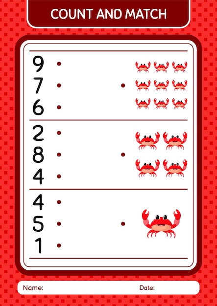 Count and match game with crab worksheet for preschool kids kids activity sheet