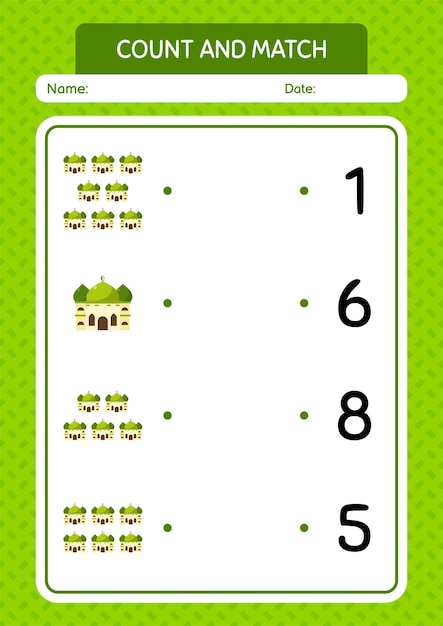 Count and match game with mosque worksheet for preschool kids kids activity sheet