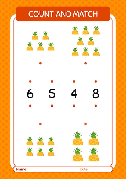 Count and match game with pineapple worksheet for preschool kids kids activity sheet