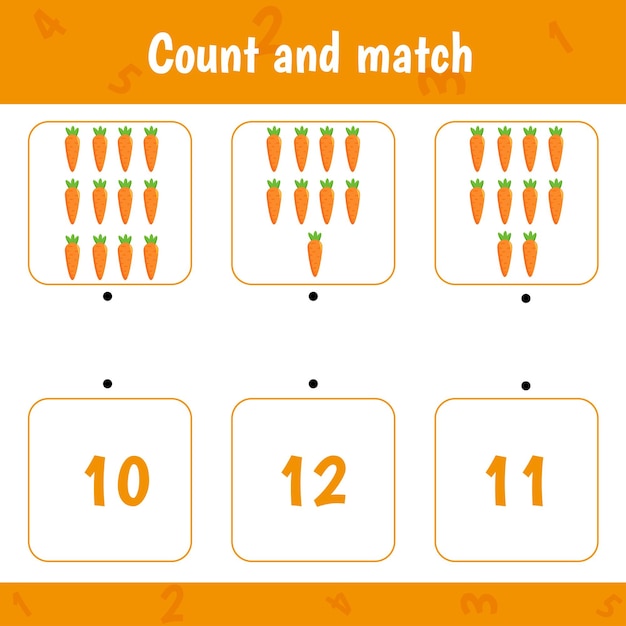 Vector count and match math activity game for kids education carrots educational worksheet for kids