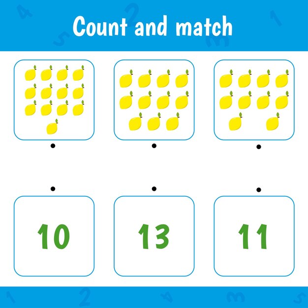 Vector count and match math activity game for kids education lemons educational worksheet for preschool kids