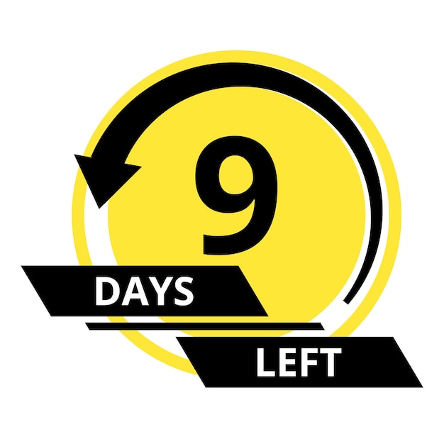 Countdown of days Number 9 of days left to go Promotional banner Price offer promo deal timer nine day only Stylized counter in black and yellow colors