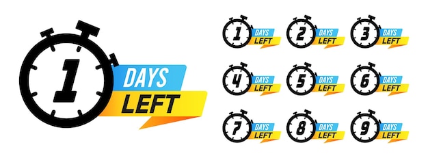 Countdown sign. Days left to go sale marketing badges, labels with alarm clock numbers, offer promotion deal timer. Simple flat vector illustration