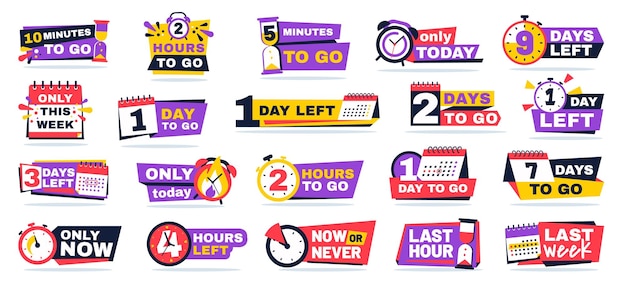 Countdown timer badges Minutes clock hours tag and days to go time left and only this week banners with calendar icon vector set