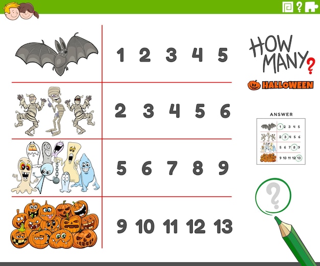 counting activity for children with Halloween holiday spooky characters