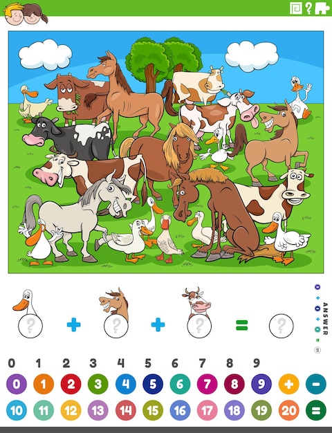 counting and adding activity with cartoon farm animals