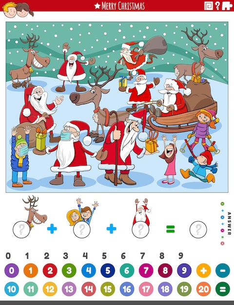 counting and addition game for children with cartoon Christmas characters