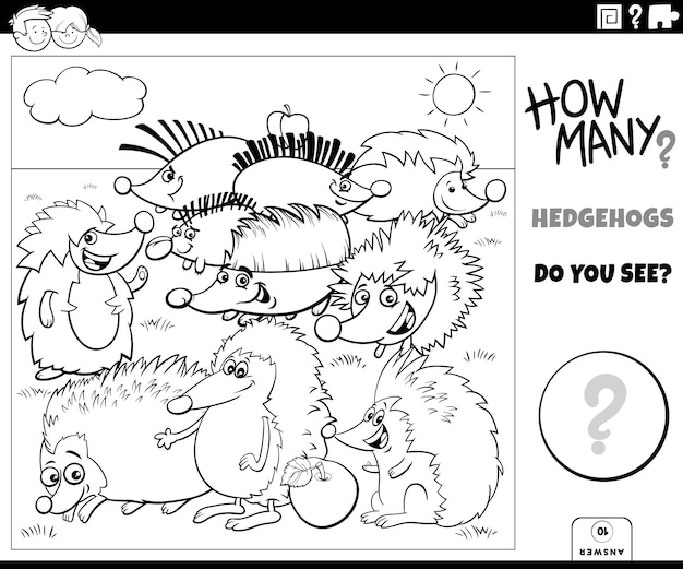 Counting cartoon hedgehogs educational task coloring page