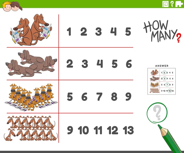 Counting educational task with cartoon dogs animal characters