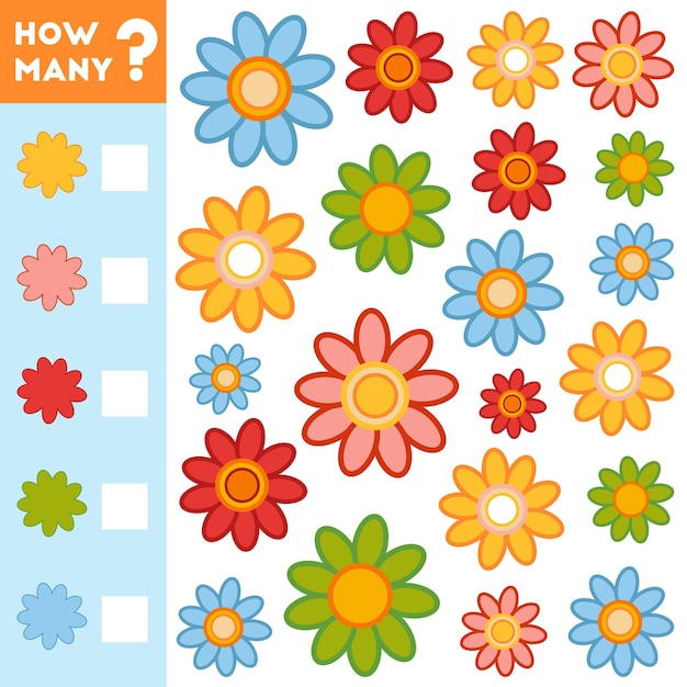 Counting Game for Children Educational mathematical game Count how many Flowers and write the result