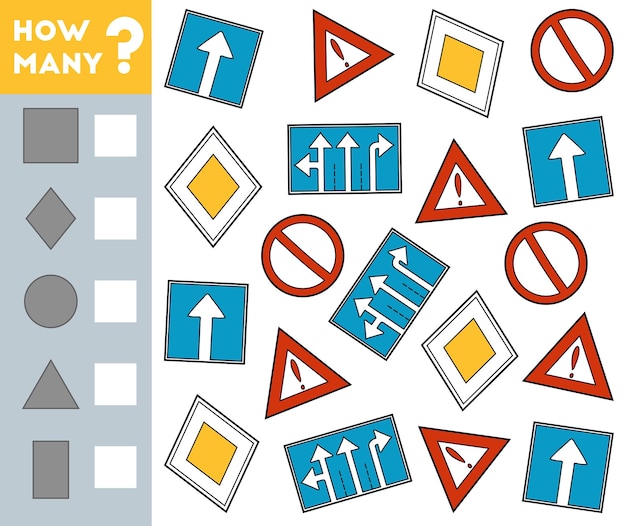 Counting Game for Children Educational mathematical game Count how many Road signs and write result