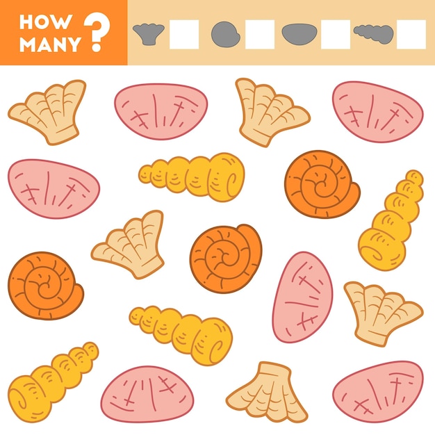 Counting Game for Children Educational mathematical game Count how many shells and write the result