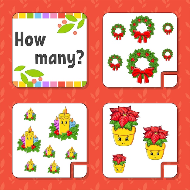 Counting game for children Happy characters How many object in the picture Christmas theme