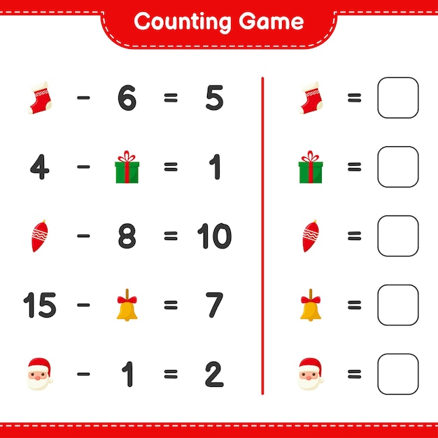 Counting game, count the number of christmas decoration and write the result. Educational children game