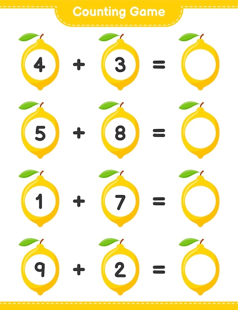 Counting game, count the number of Lemon and write the result. Educational children game, printable worksheet 