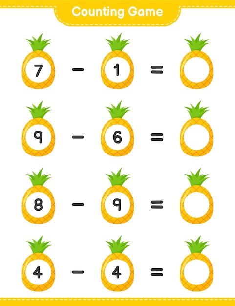 Counting game, count the number of Pineapple and write the result. Educational children game, printable worksheet.