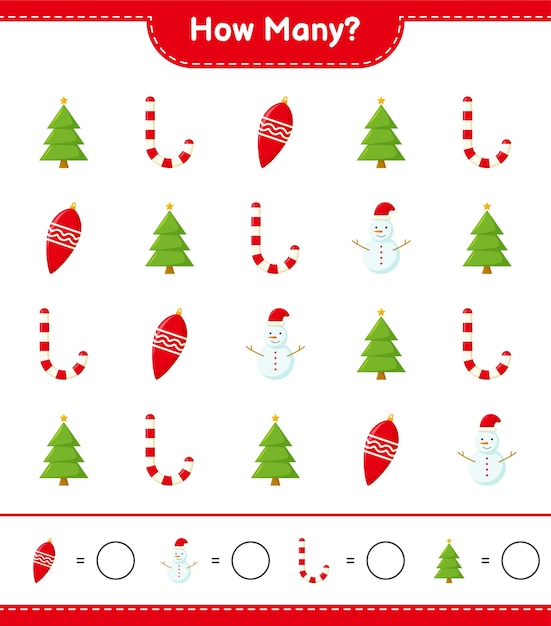 Counting game, how many christmas decoration educational children game, printable worksheet,  illustration