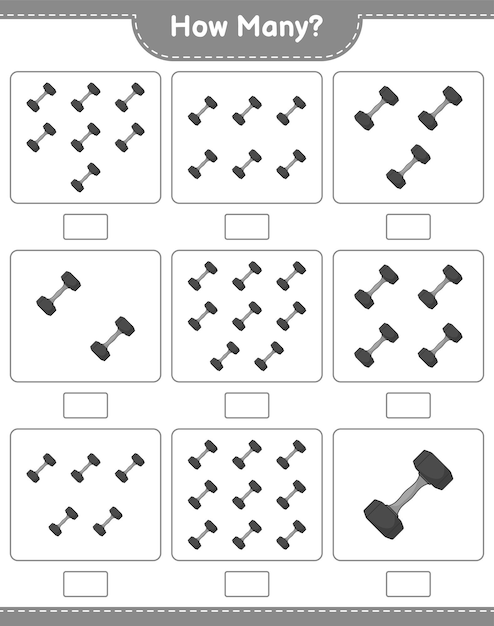 Counting game how many Dumbbell Educational children game printable worksheet