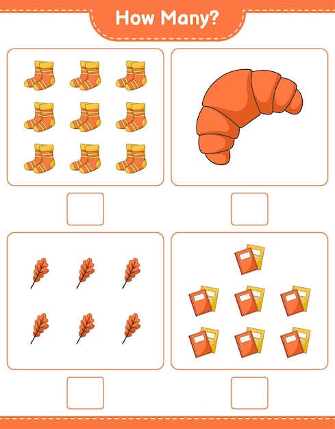 Counting game, how many Oak Leaf, Socks, Book, and Croissant. Educational children game, printable worksheet, vector illustration