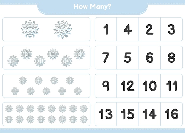 Counting game, how many Snowflake. Educational children game, printable worksheet, vector illustration