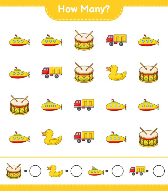 Counting game how many Submarine Rubber Duck Lorry and Drum Educational children game printable worksheet vector illustration