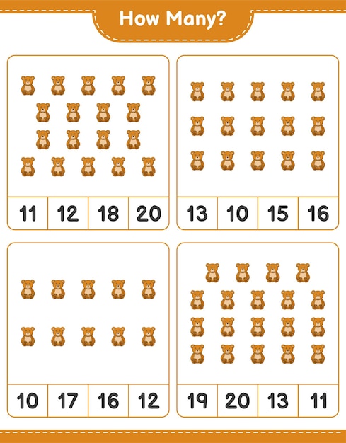 Counting game how many Teddy Bear Educational children game printable worksheet vector illustration