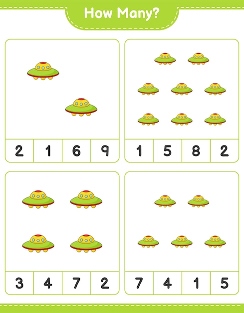 Counting game how many Ufo Educational children game printable worksheet vector illustration