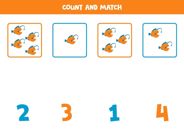 Counting game for kids Count all anglerfish and match with numbers Worksheet for children