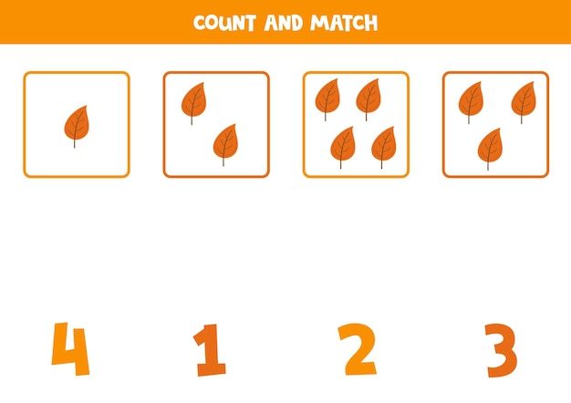 Counting game for kids Count all autumn leaves and match with numbers Worksheet for children