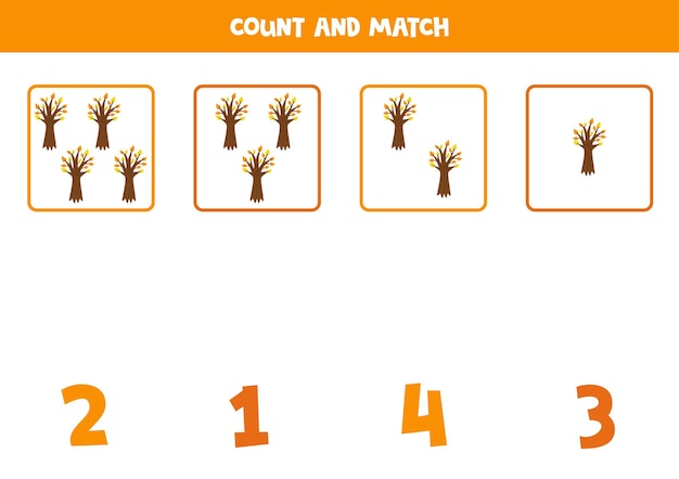 Counting game for kids Count all autumn trees and match with numbers Worksheet for children