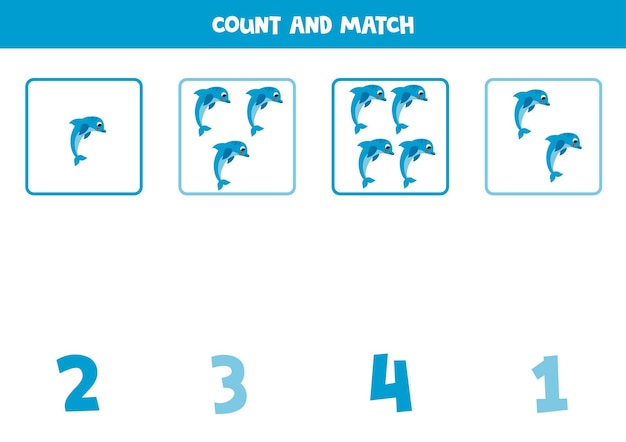 Counting game for kids Count all blue dolphins and match with numbers Worksheet for children