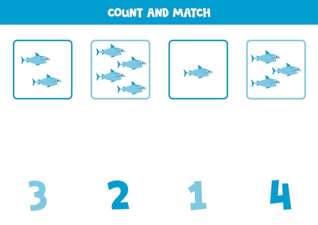 Counting game for kids Count all blue sharks and match with numbers Worksheet for children