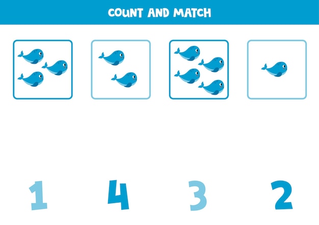 Counting game for kids Count all blue whales and match with numbers Worksheet for children