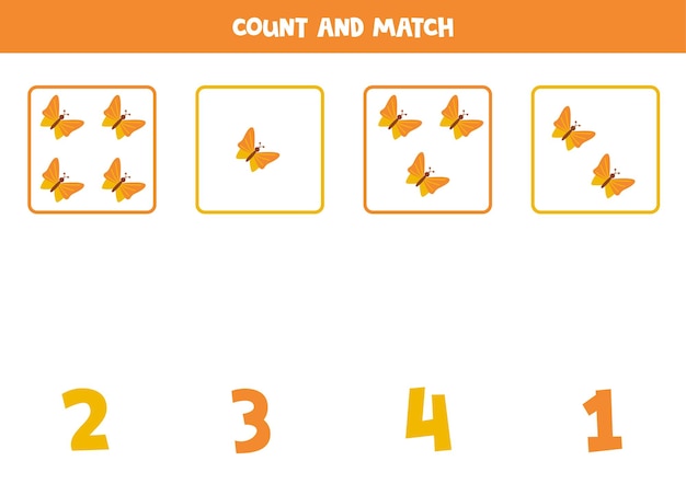 Counting game for kids Count all butterflies and match with numbers Worksheet for children