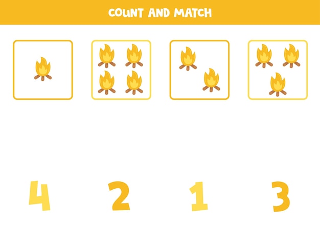 Counting game for kids Count all campfires and match with numbers Worksheet for children