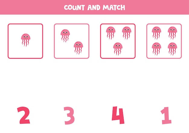 Counting game for kids Count all cartoon jelly fish and match with numbers Worksheet for children