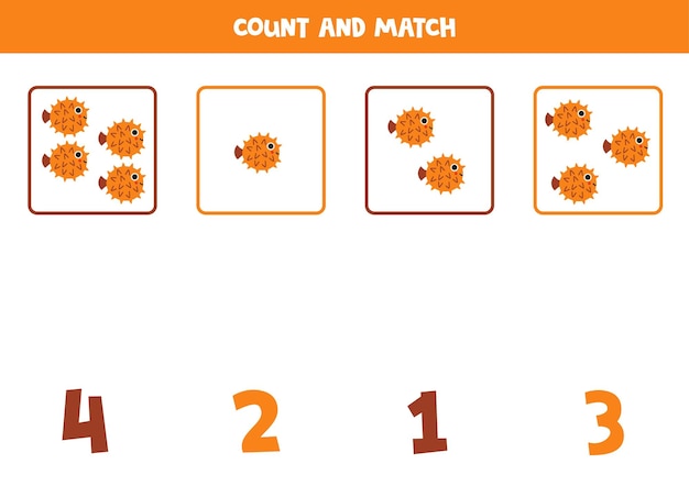 Counting game for kids Count all cartoon puffer fish and match with numbers Worksheet for children