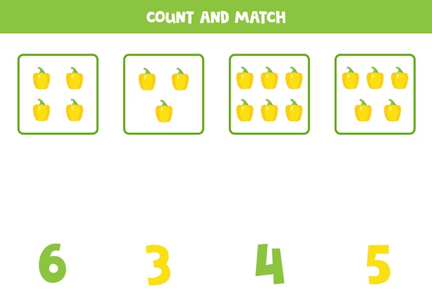 Counting game for kids. Count all cartoon yellow peppers and match with number. Worksheet for children.