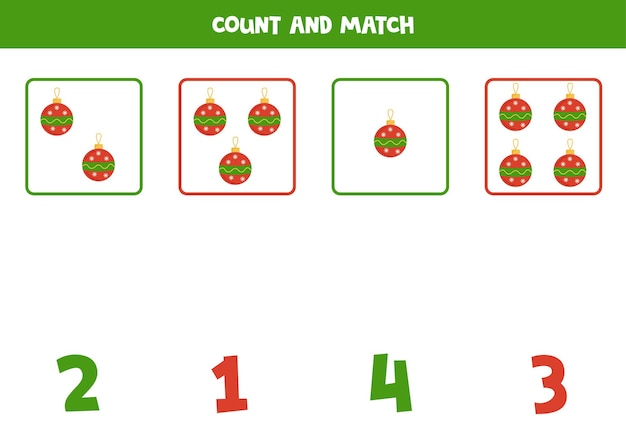 Counting game for kids Count all Christmas balls and match with numbers Worksheet for children