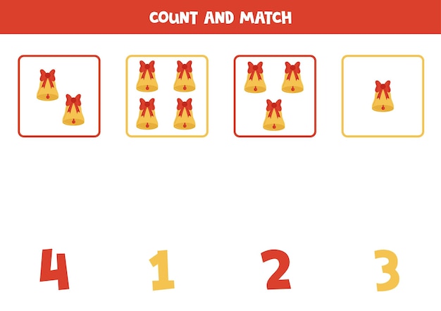 Counting game for kids Count all Christmas bells and match with numbers Worksheet for children