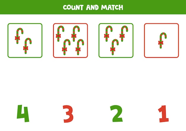 Counting game for kids Count all Christmas candy canes and match with numbers Worksheet for children