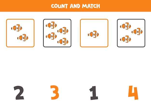 Counting game for kids Count all clownfish and match with numbers Worksheet for children