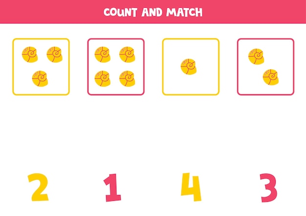 Counting game for kids Count all cute yellow seashells and match with numbers Worksheet for children