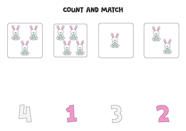 Counting game for kids Count all Easter rabbits and match with numbers Worksheet for children