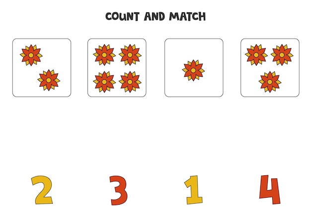 Counting game for kids Count all flowers and match with numbers Worksheet for children