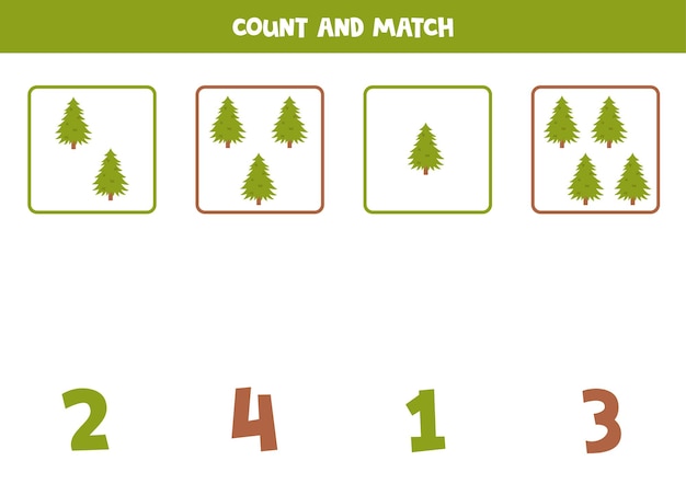 Counting game for kids Count all green fir trees and match with numbers Worksheet for children