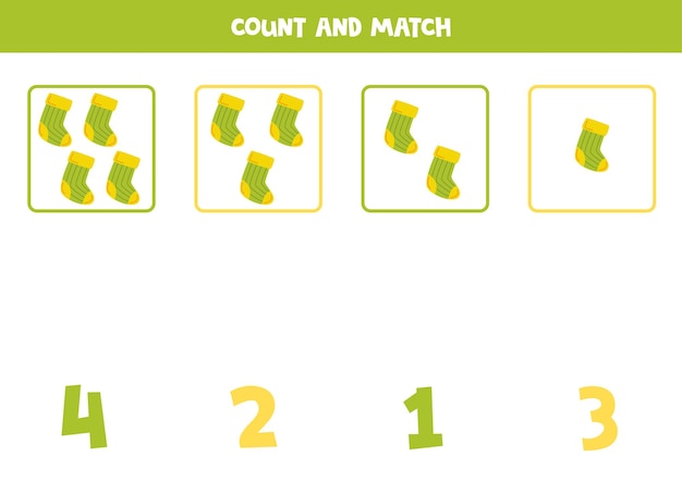 Counting game for kids Count all green socks and match with numbers Worksheet for children